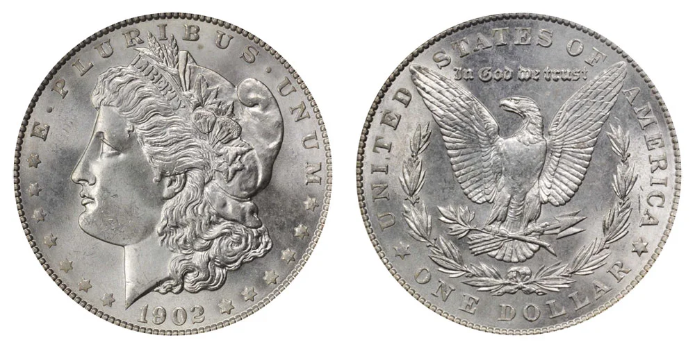 1902 Morgan silver dollar obverse and reverse showing Liberty head and eagle design