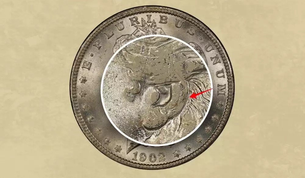Side-by-side comparison of standard 1902 Morgan dollar ear versus VAM-4 Doubled Ear showing secondary inner ear impression