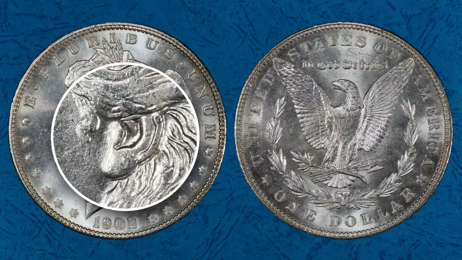 1902 Morgan dollar VAM-4 Doubled Ear variety showing secondary ear impression on Liberty's ear