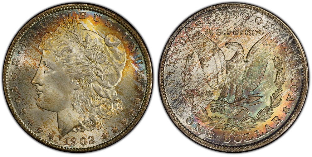 1902 Morgan dollar grading strip showing four coins from worn Good grade through Mint State representing the full condition spectrum